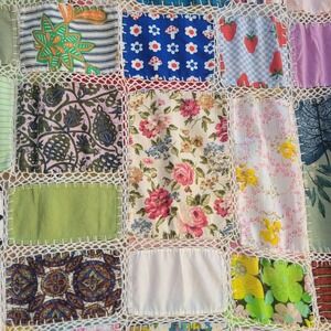 Vintage 60s Patchwork And Crochet Crazy Quilt Coverlette Bed Spread
